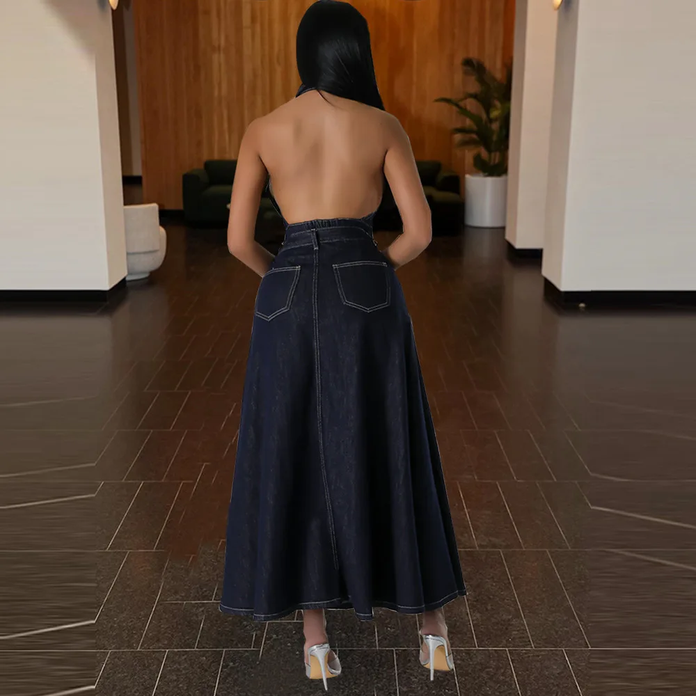 Women's Sexy Backless Matching Set Sleeveless Denim Button Turn Down Collar A-Line High Waist Skirt Summer Two Piece Set 2024
