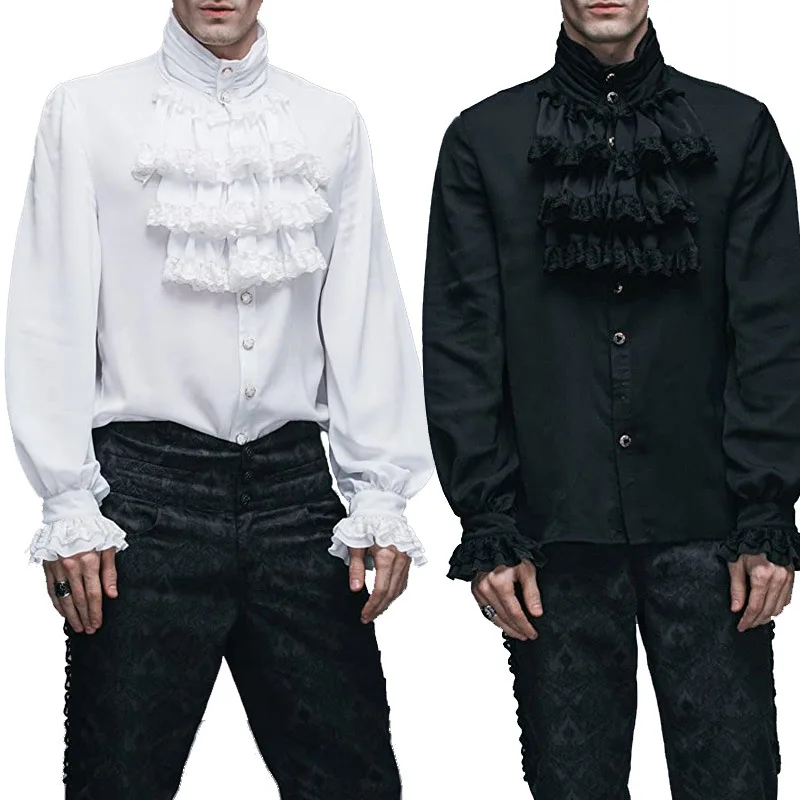 

Wepbel Fashion Gothic Shirts Tops Halloween Vampire Ruffled Stand Collar Shirts Long Sleeve Men's Tie Shirt Pleated Cuff Shirt