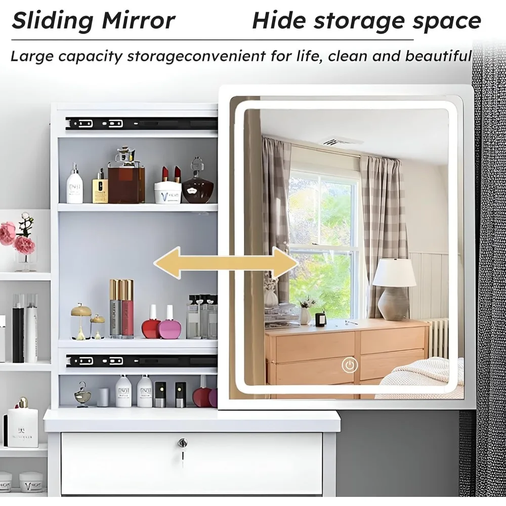 Makeup Vanity Set with Mirror and Light, Storage Drawer, Chair and Shelf, Adjustable Brightness Makeup Vanity with Light 2
