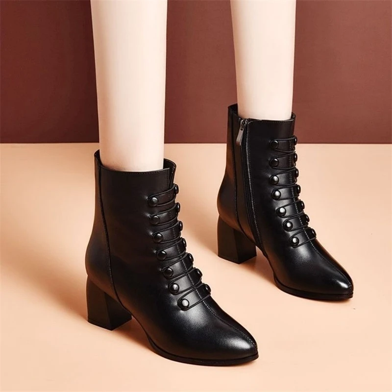 Botas gruesas piel sintética para Mujer, Botines negros con punta estrecha, zapatos de vestir para oficina, calzado de Mujer| -
