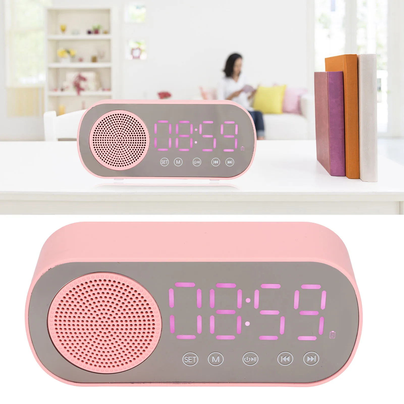 알람 시계 블루투스 스피커 FM 라디오 미러 시계 HIFI USB 충전 LED 디스플레이 휴대용 핑크 1600mAh 여행용