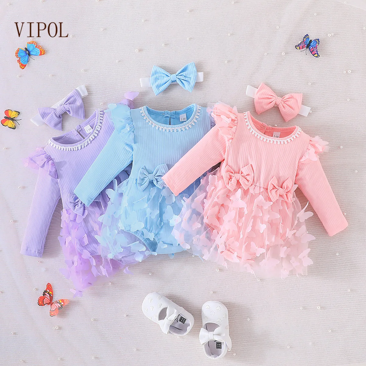 

VIPOL Baby Girls Clothes Butterfly Mesh 1 Year Birthday Party Dress Long Sleeve One-piece Bodysuits with Headband Newborns