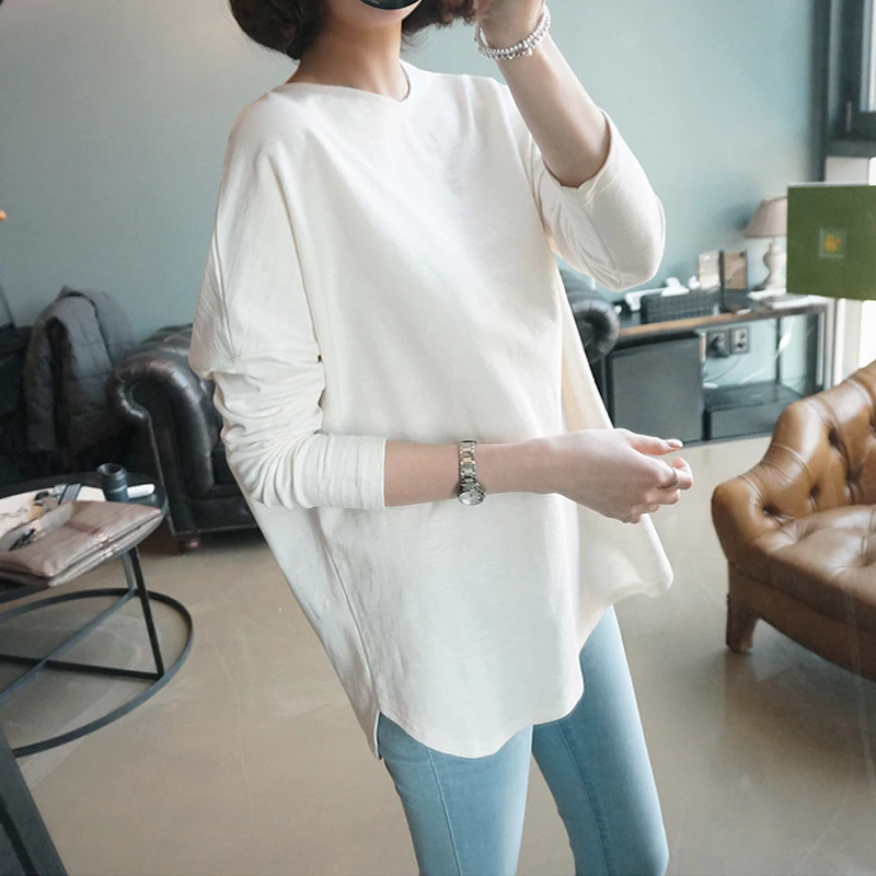 

EBAIHUI New Solid Women's T-shirt Casual Loose Round Neck Ladies Undershirt Autumn Thickened Long Sleeve Pullover Simple Tee