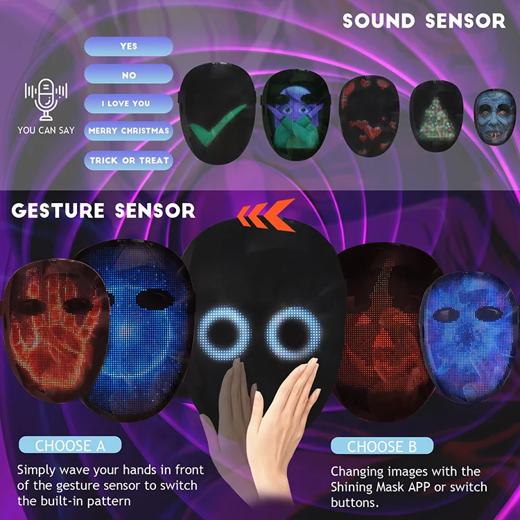 HD Luminous LED Mask with Voice Recognition Gesture Sensing Support Video Animat