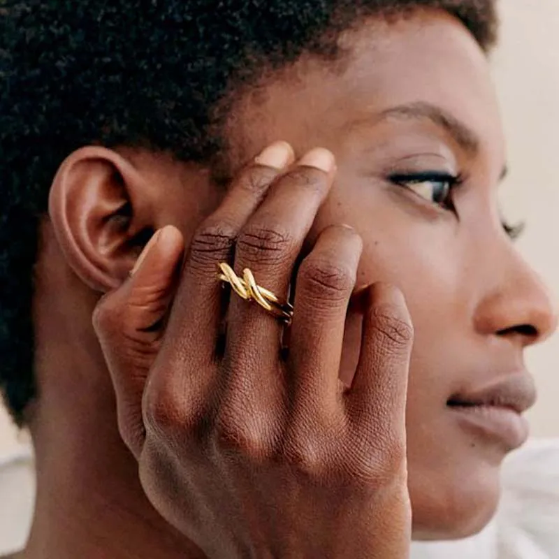 Hollow Double-layer Twisted Rope Knot Open Rings for Women Vintage Gold Plated Stianless Steel Geometric Ring New Retro Jewelry