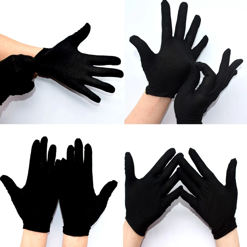Unisex Soft Black Cotton Full Finger Working Gloves Formal Dress Parade Jewelry Inspection Protective Stretcahble 12 Pairs