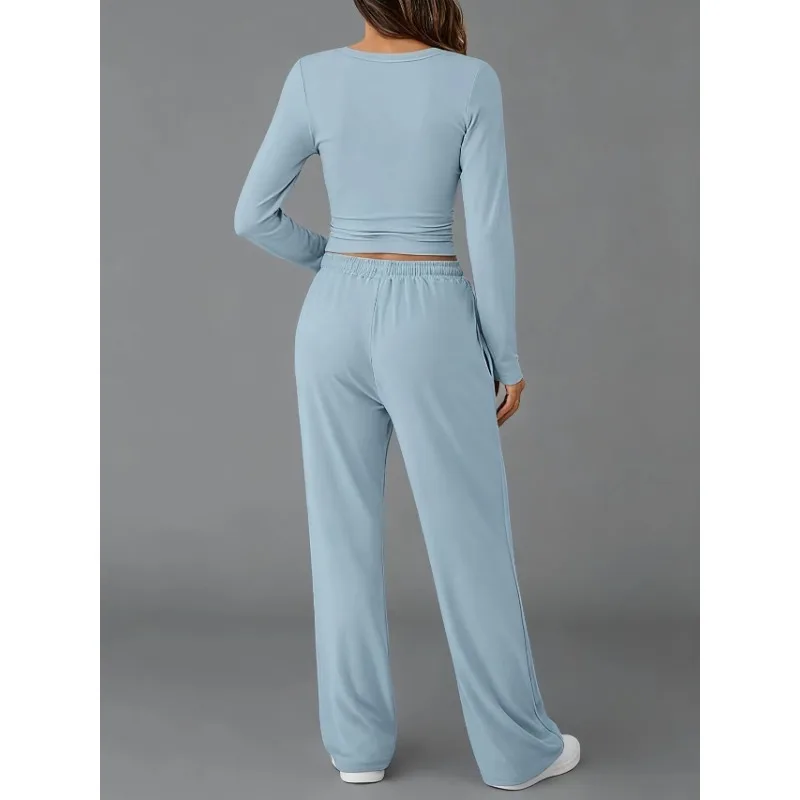 Abbigliamento da donna Moda europea americana Sport casual Autunno Inverno Tinta unita con coulisse Set di pantaloni a maniche lunghe - immagine 3