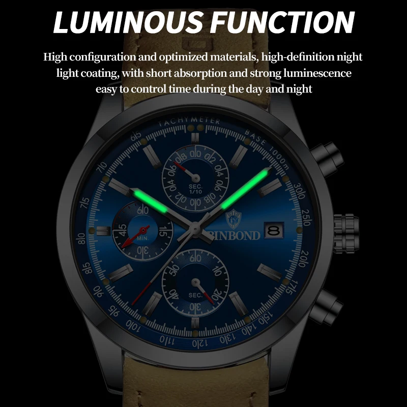 2024 New Fashion Man Watch High Quality Waterproof Chronograph Luminous Men's Wristwatch Leather Men Quartz Watches Casual Clock