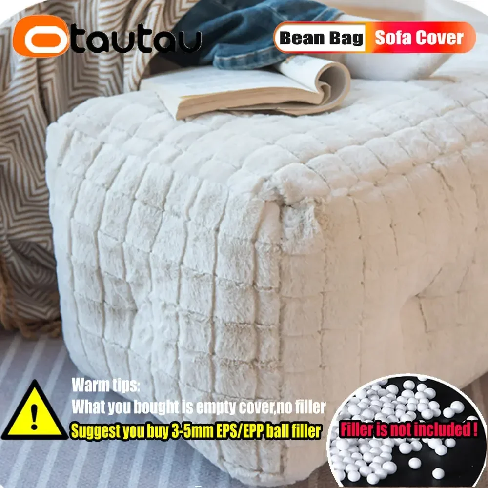 OTAUTAU filled Luxury Waffle Faux Bunny Fur Pouf Sofa Bed Bean Bag with Filler Chaise Lounge Recliner Couch Puff Ottoman SF055