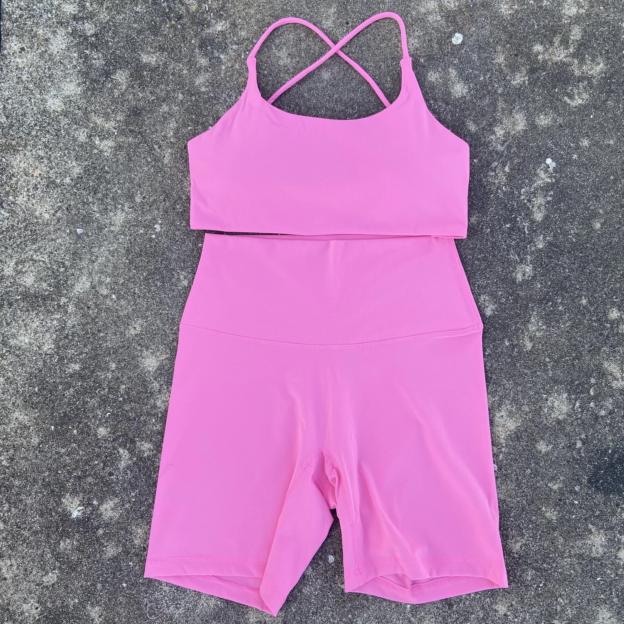 Sports Set Solid Color gym yoga short legging set soft tight women high strength cross Fitness Bra with sports cycling short 2pc sportswear