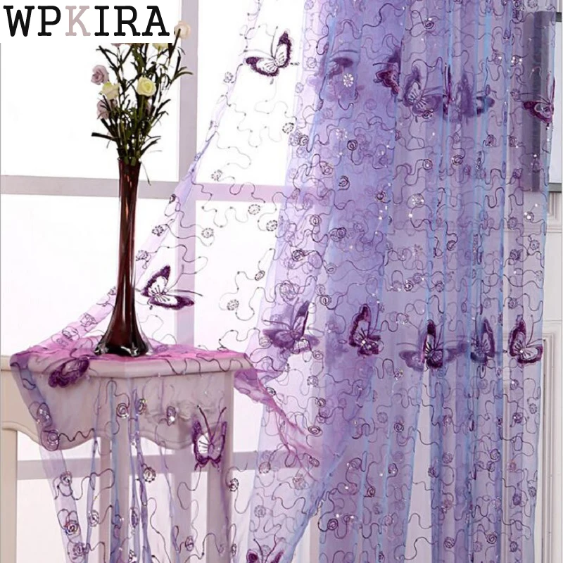 Romantic Modern Embroidered Sequins Butterfly Rustic Sheer Purple Voile Curtains For Living Room Bedroom Kitchen sheer curtains window curtains decor curtains embroidered curtains