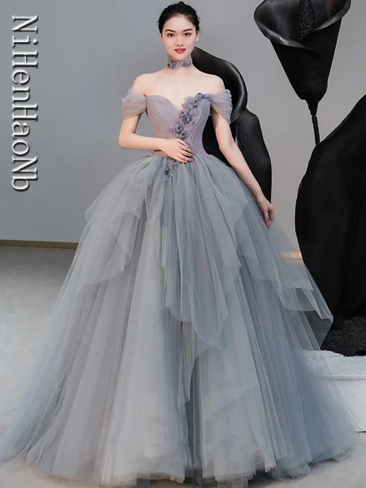 

Temperament Grey Blue Prom Dresses V-Neck Elegant Quinceanera Dresses Floor-Length Off the Shoulder Backless Evening Gown
