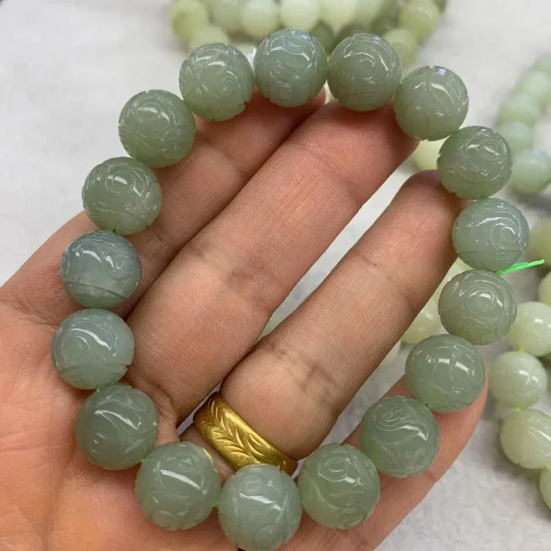 Qinghai Materiale Intaglio Fret Beads 12Mm Bracciale Hetian Jade Clear Water Return Pattern Hand