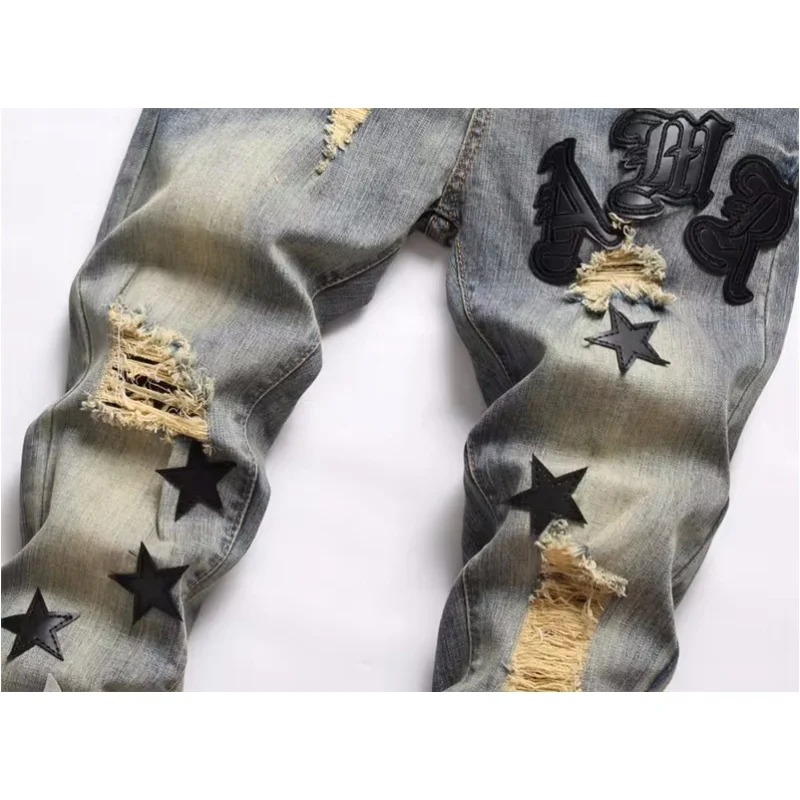 European Jeans With Distressed Patches, Trendy Elastic Slim Fit Leggings, Versatile Men's Pants 3096 3