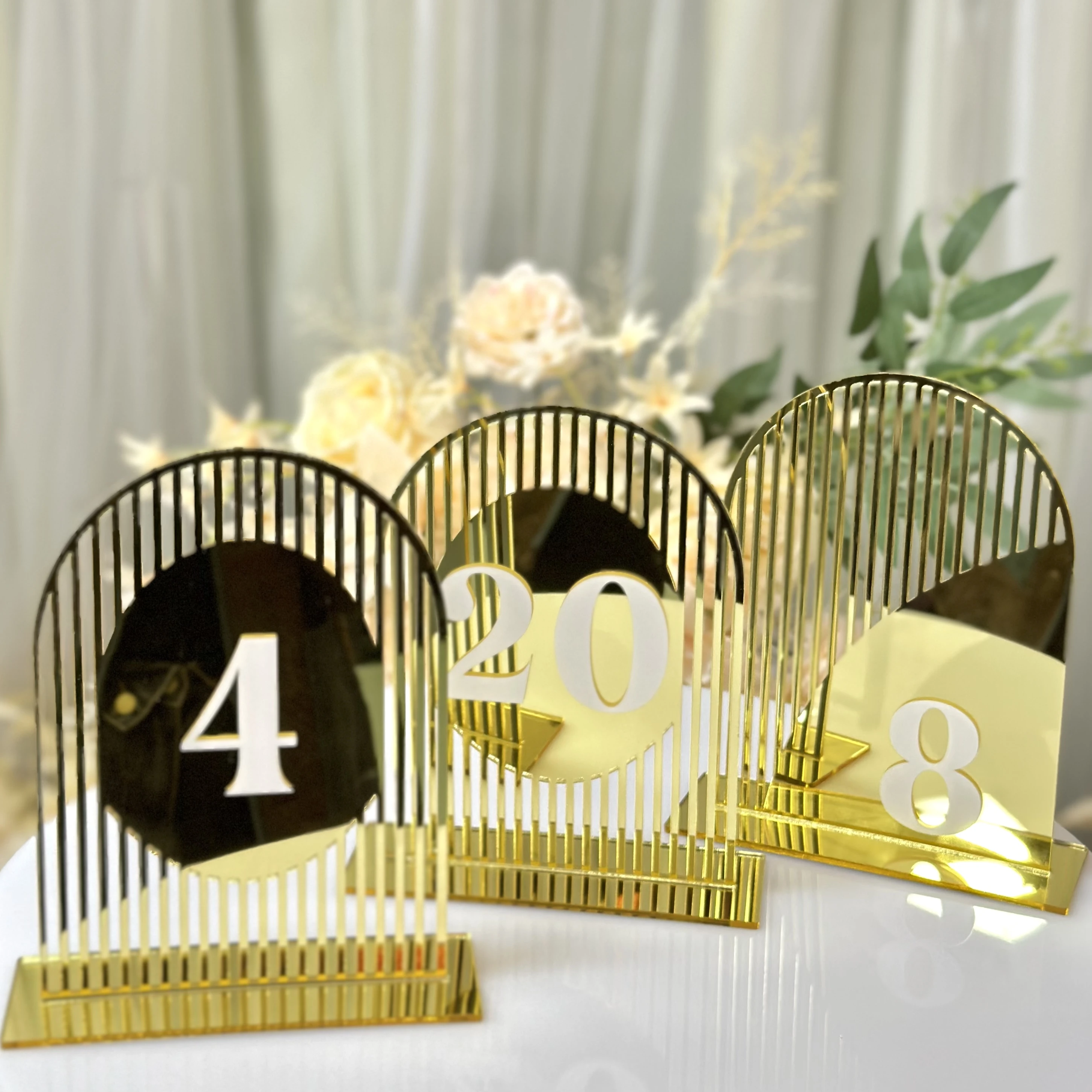 

Arch Acrylic Gold Mirror desktop Sign with printed Hotel Banquet Table Number Holder With Stand Wedding Table Decoration