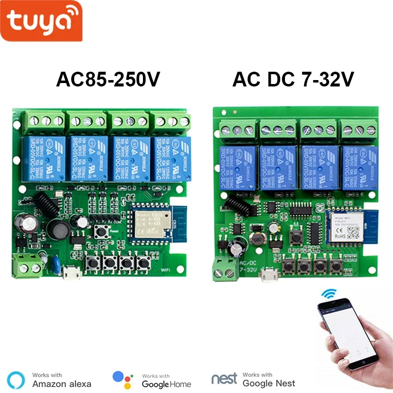 

Умный модуль переключателя Tuya, 433 МГц, Wi-Fi, 4 канала, 7-32 В переменного/постоянного тока, 85-250 В, 2200 Вт, работает с Alexa Google Home Smart Home