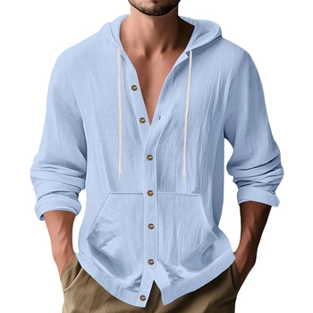 Camicia da uomo in lino vintage primaverile e autunnale con cappuccio Abiti casual larghi a maniche lunghe Abbigliamento da uomo alla moda di alta qualità 1