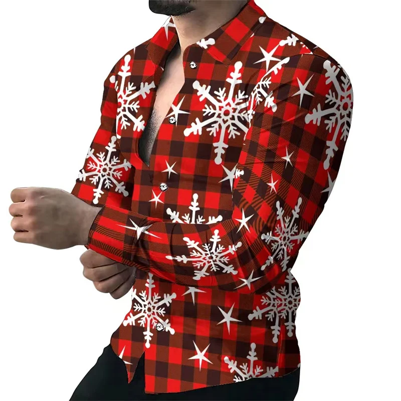 2023 Christmas Snowflake Men's Shirt Lapel Button Long Sleeve Red Santa Claus Plaid Square HD Pattern Comfortable Soft T-Shirt