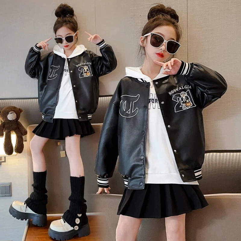

Girls Spring and Autumn Leather Coat Jacket 2023 New Teen Korean Edition Coat Children's Outdoor Clothing 12 Years Girls Clothes