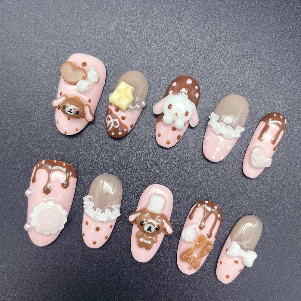 Kawaii Kaninchen-Bär Schokoladencreme Design Press-On Nägel Kurze Runde Form Niedliche Rosa Süße Keks 3D Puppen Cartoon Künstliche Nägel – Detail 11