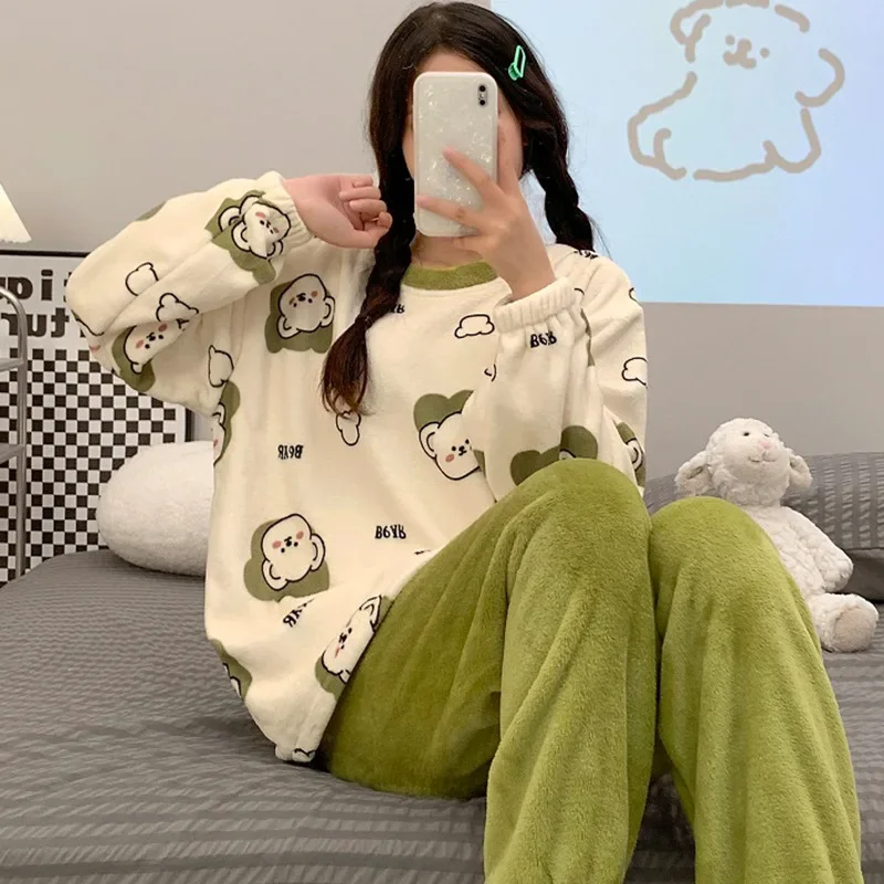 المرأة الخريف الشتاء SimpleCasual ThickenedSweetCute الكورية نمط المرجان الصوف جولة الرقبة Homewear دعوى منامة مجموعة