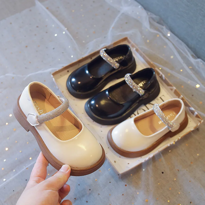 Korean Style Children's Leather Shoes Spring New Fashion Kids Glossy Shallow Rhinestone Girls Performance School Shoes PU