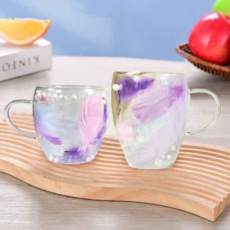 250/350ML Double wall Glass Cup Feather Design Coffee Cup with Handle High Temperature Resistant Anti-scald Milk Tea Juice