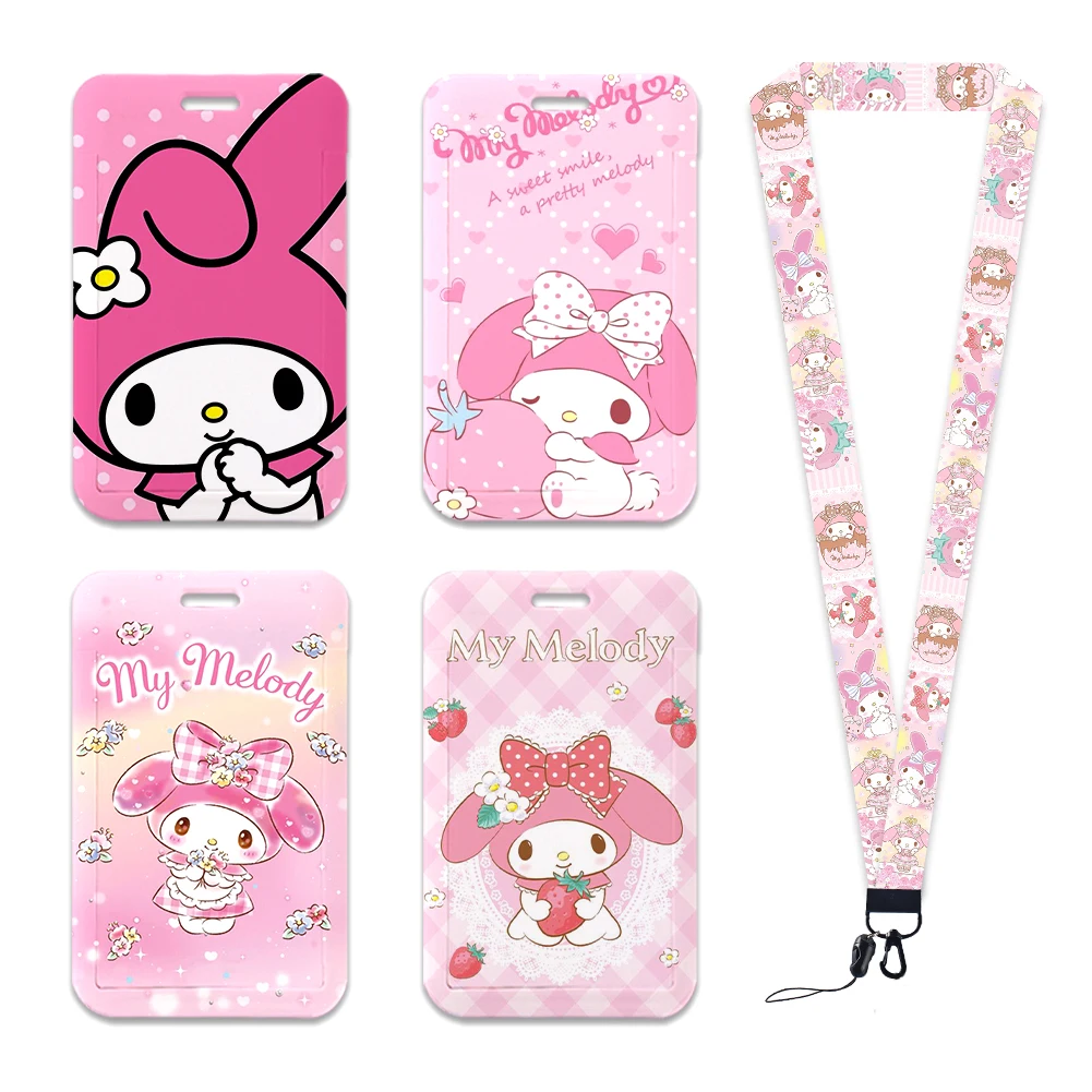 

W Sanrio Cartoons Card Holder Melody Protective Case Student Hanging Neck Rope PVC Lanyard ID Card Cover Credential Holder