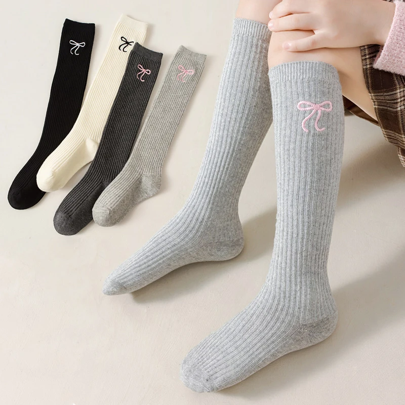 Spring Autumn JK Lolita Kids Girls Legging Stocking Simplicity Sweet Embroidery Bow Knee High Long Sock Soft Cotton School Socks