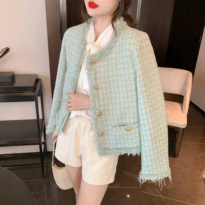 

Fragrant Wind Woven Jacket Women Korean Fresh Mint Green Autumn Winter New Temperament Woolen Coat