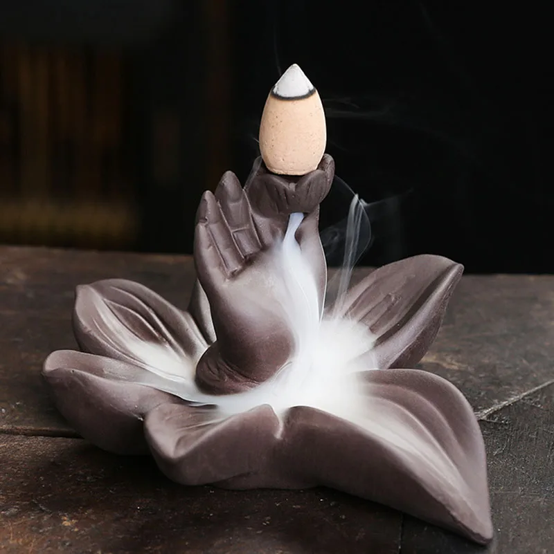 Purple Clay Bergamot Lotus Backflow Incense Burner Creative Small Fingered Backflow Aromatherapy Stove Holder Home Decoration