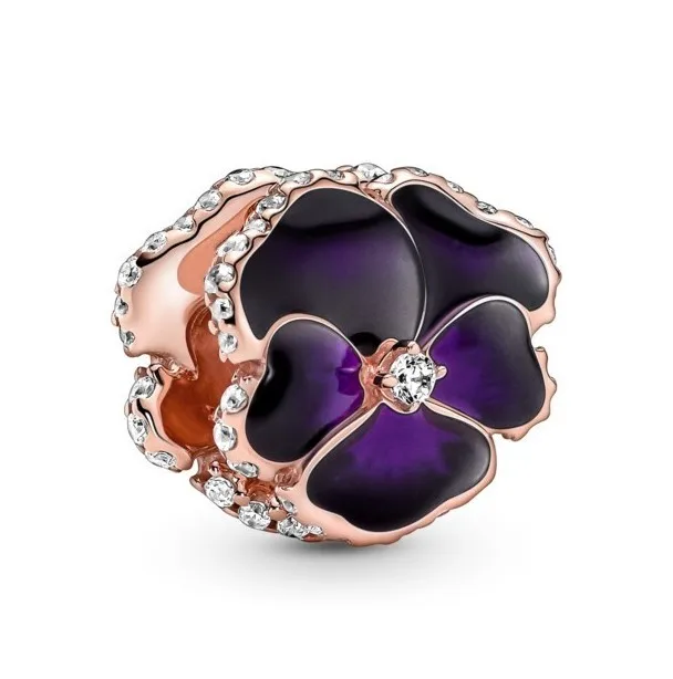 

Authentic 925 Sterling Silver Moments Rose Gold Purple Pansy Flower With Crystal Charm Fit Pandora Bracelet & Necklace