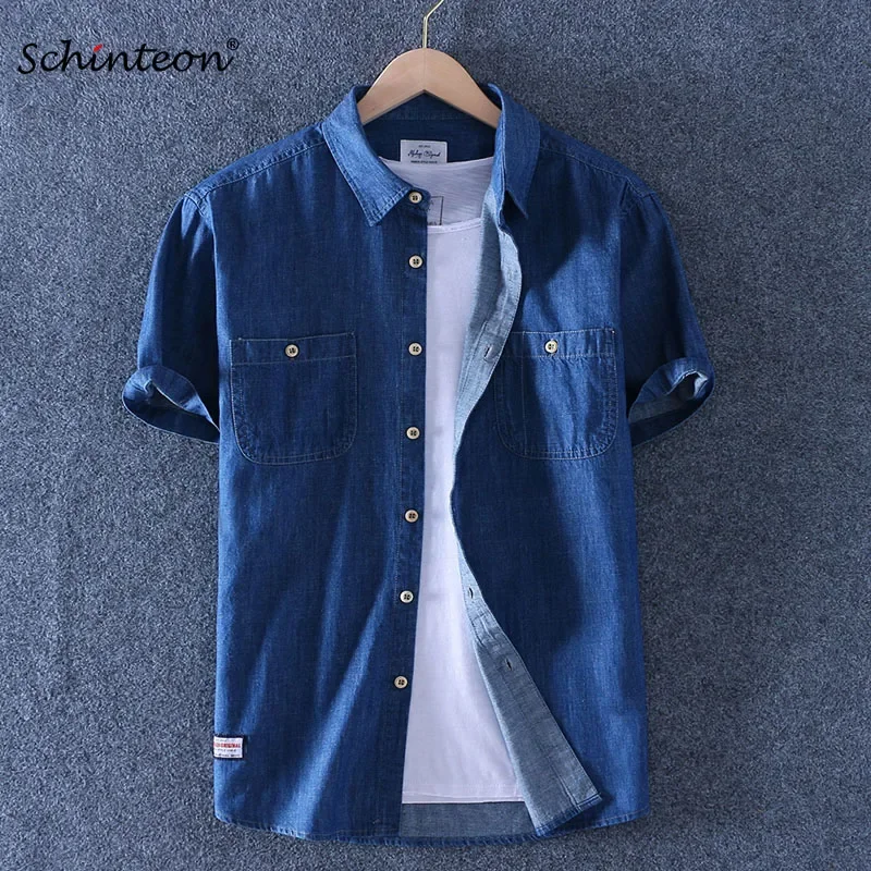 Casual short sleeved shirt short sleeved shirt summer men 100% slub cotton two front pockets