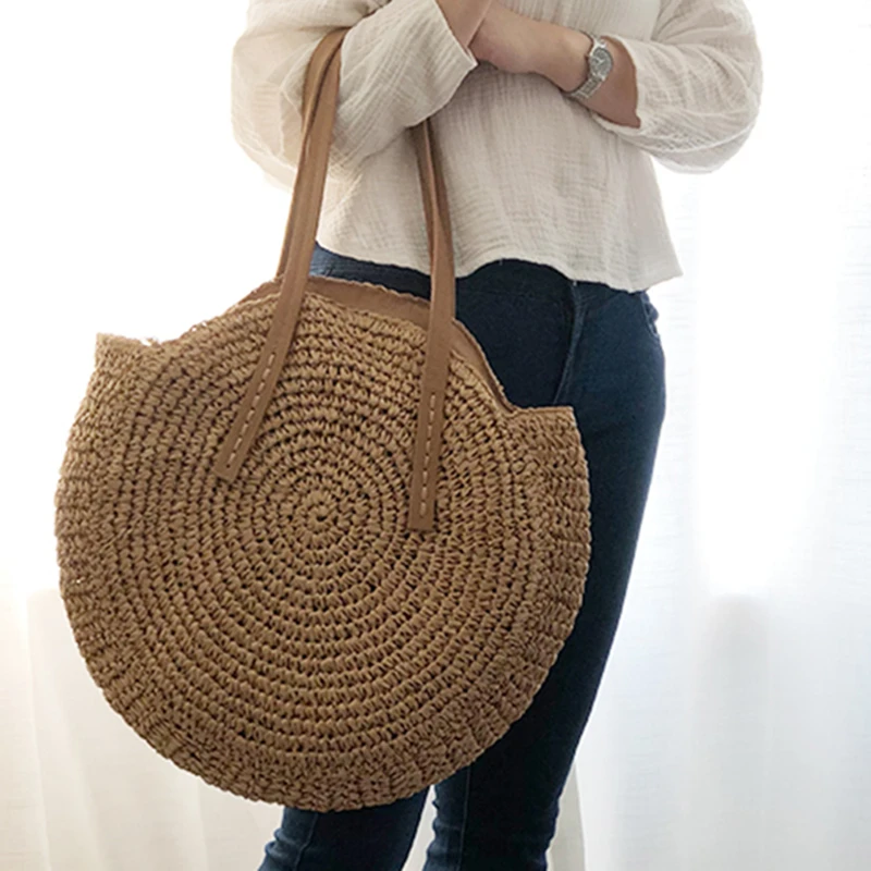 Women Shoulder Bag Round Straw Beach Bag Vintage Handmade Woven Shoulder Bag Raffia circle Rattan bags Bohemian Summer Vacation Casual Bags