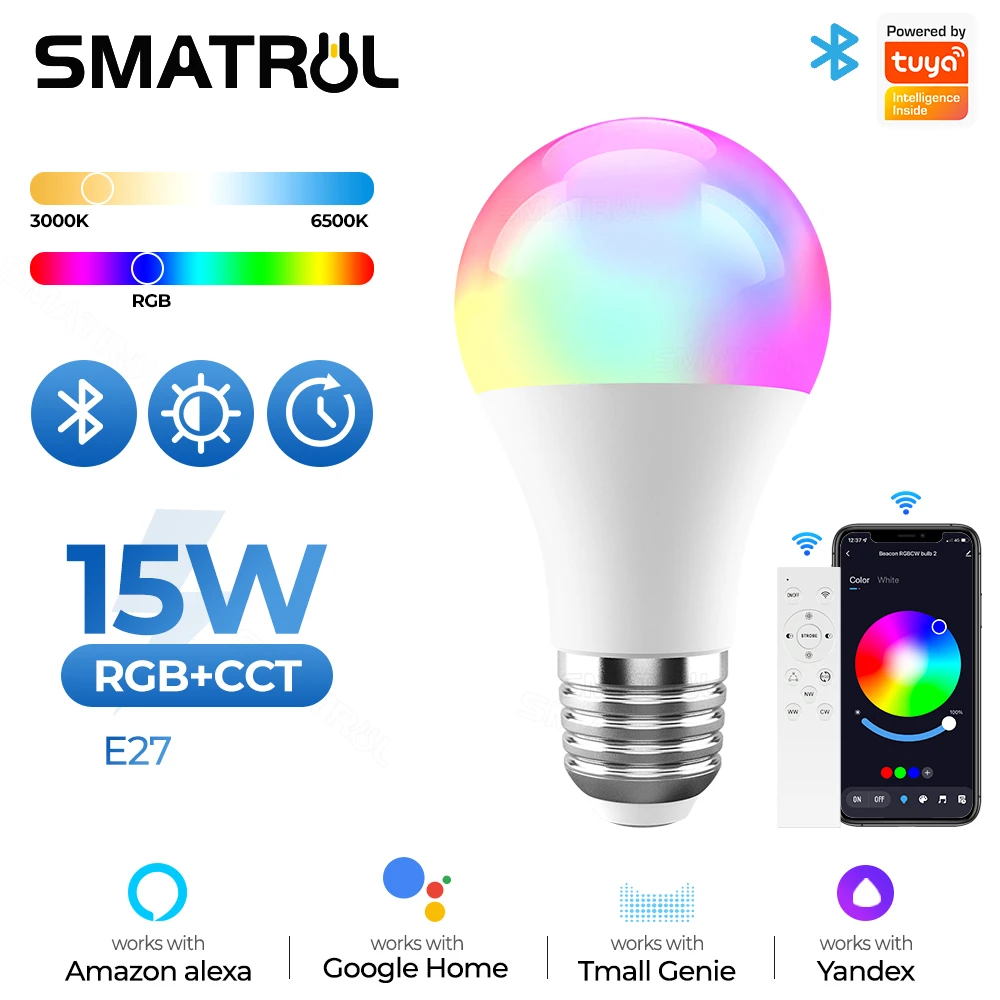 

SMATRUL Smart Light Bulb Bluetooth 5.0 Tuya APP Control Dimmable 15W E27 RGB+CW+WW LED Color Change Lamp Compatible IOS/Android