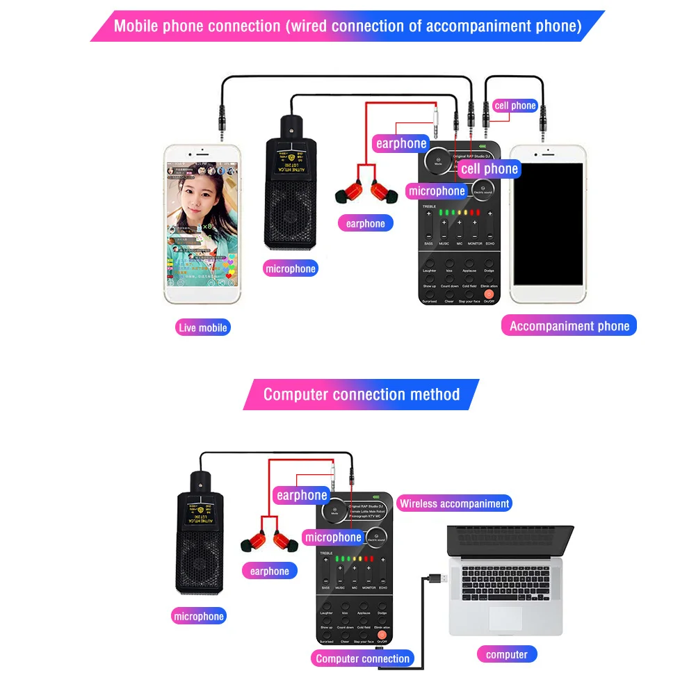 condenser microphone Universal Voice Changer Mini Sound Card Multiple Sound Effects Portable Live Broadcast Voice Modulator Card With Microphone best usb microphone