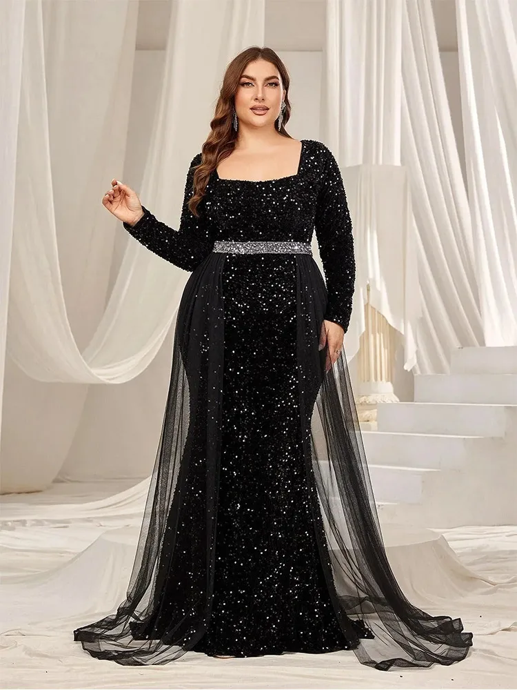 Square Neckline Floor-length Dress With Belt Dusk Plus Size