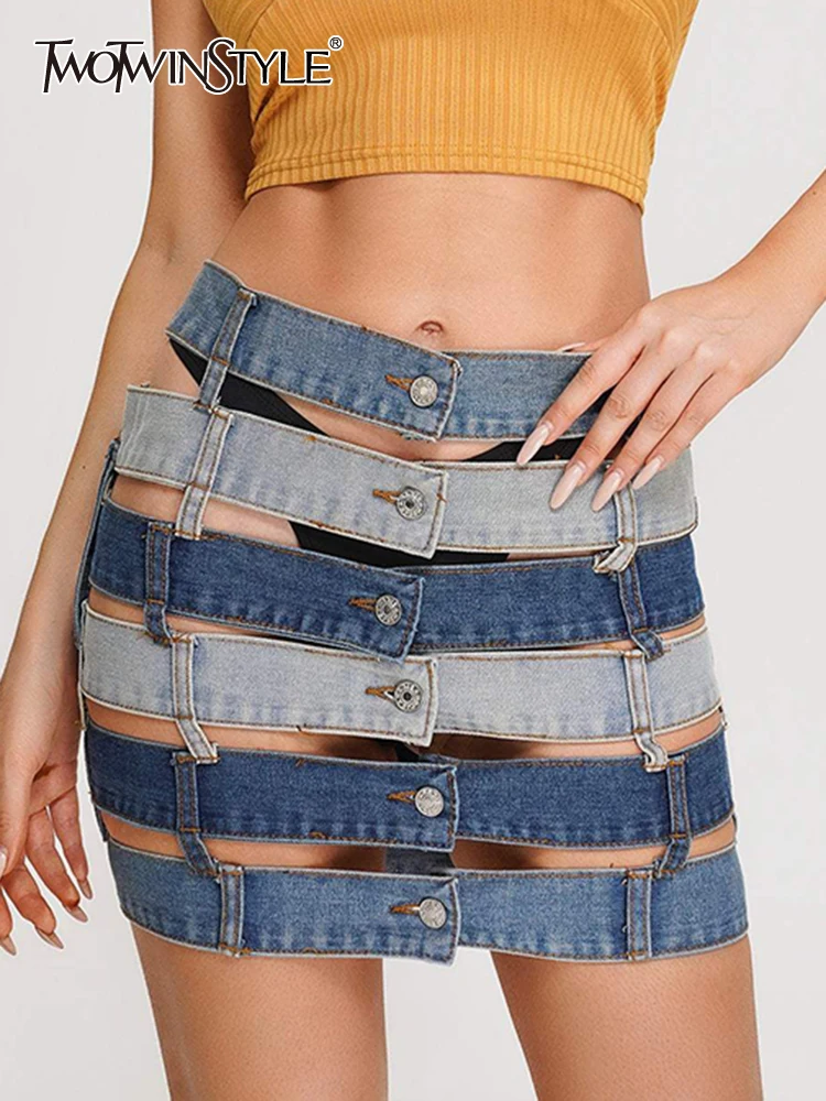 TWOTWINSTYLE Colorblock Sexy Hollow Out Skirt For Women High Waist Bodycon Patchwork Single Breasted Designer Skirts Female New