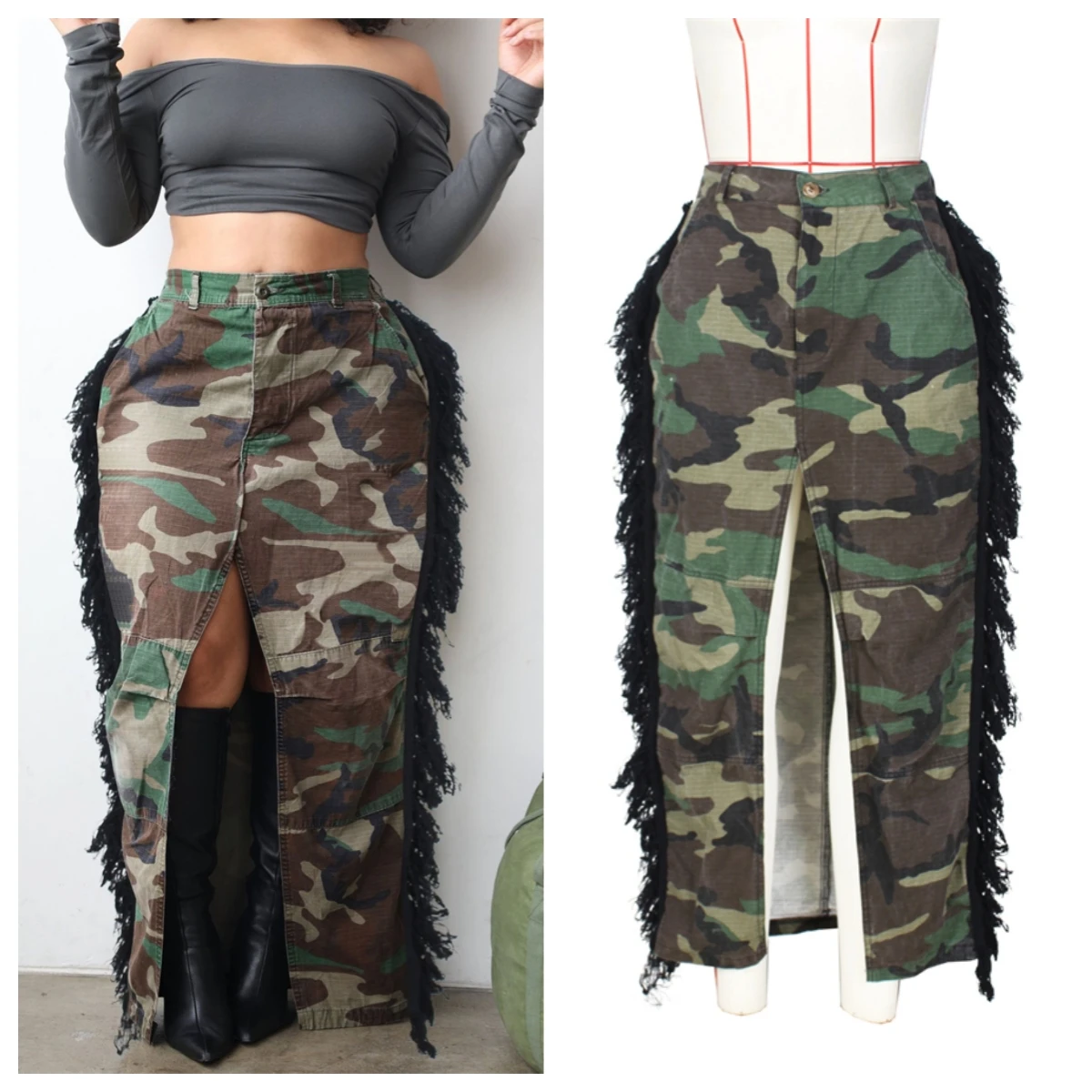 Casual Women Dress Camouflage Streetwear Split Out Tassel Skirt Long Dress Summer Clothes For Women Outfit Long Skirt Streetwear