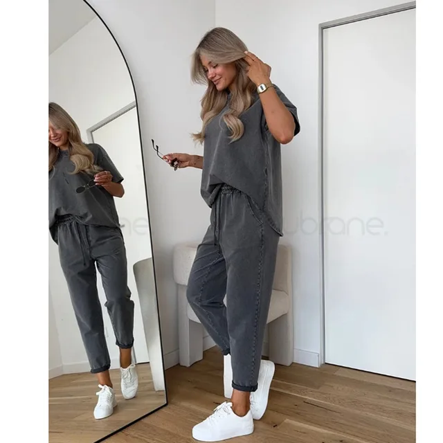 Casual Sports Style 2 Piece Set Women Loose O-neck Short Sleeved Pullover Elastic Waist Lace Up Long Pants Set Fashion Commuting 4