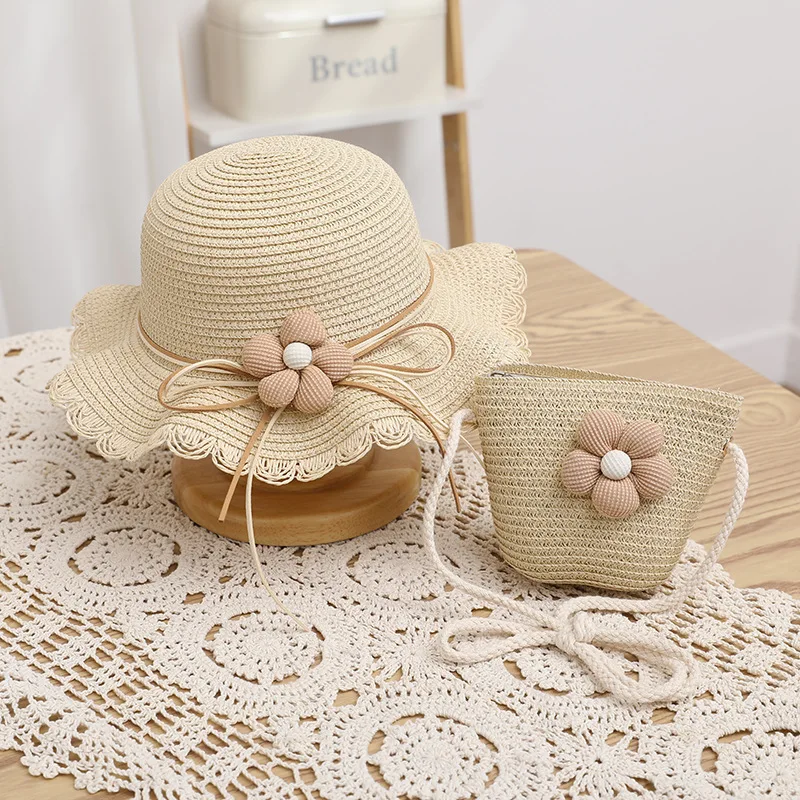 Baby Girl Straw Hat 2PCS Summer Cute Solid Color Lace Ruffle Kids Fisherman Outdoor Beach Caps Sunshade Wide brim Bucket Hats straw hat,baby sun hat,outdoor sun hat