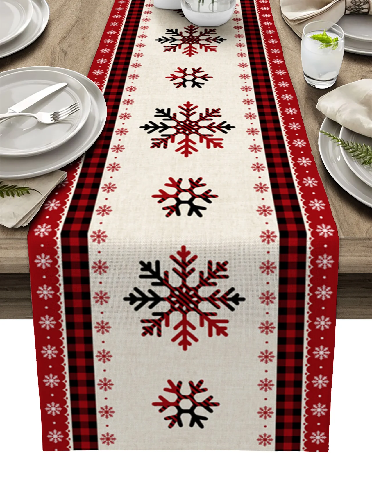 

2023 Christmas Red Plaid Snowflake Linen Dining Table Runner Home Wedding Decor Washable Table Runner for Dining Table Navidad