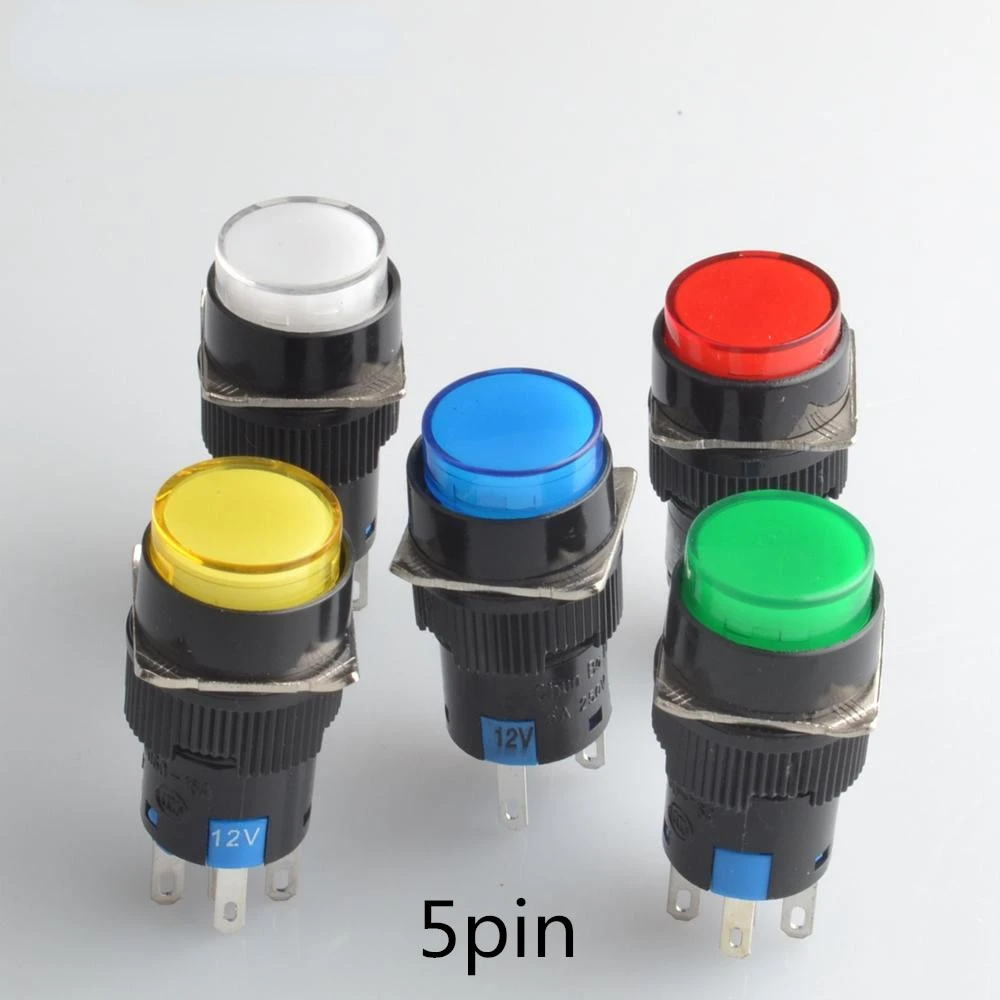 La16 16mm 5 Pins Round Push Button Switch With Light Selflocking