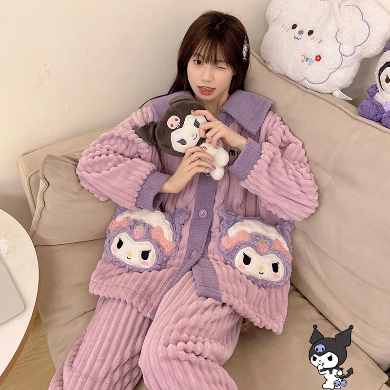 

Cartoon Sanrios Plush Sleepwear Kuromi Winter Leisure Comfort Thickening Household Clothes Cute Giris Coral Velvet Pajamas Gift