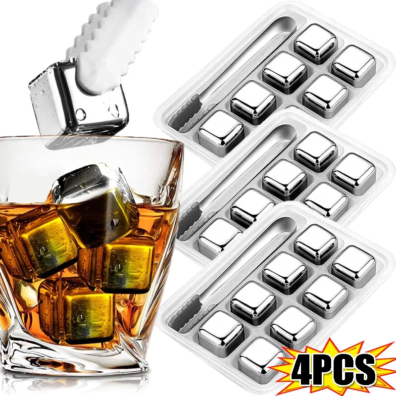 4/1PCS Whiskey Ice Stones Set Stainless Steel Chilling Block with Tongs for Wine Quick-Freeze Beer Cooler Party Bar Tools
