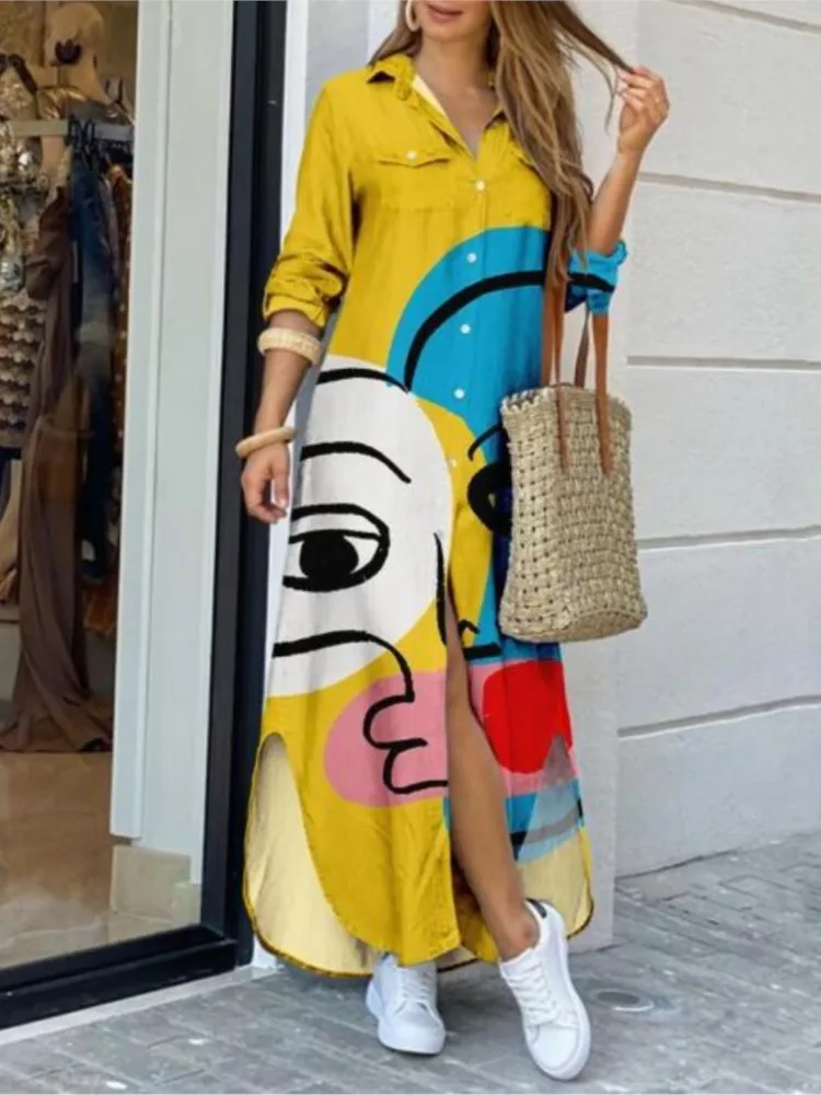 

Fashion Print Loose Dress Women Spring Autumn Casual Long Sleeve Graffiti Print Single Breasted Hem Slit Long Shirt Dresses Robe