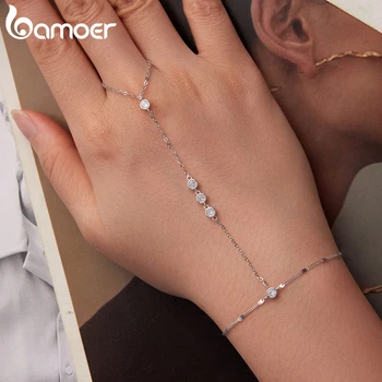 Bamoer 925 Sterling Silver Tassel Ring Bracelet Hand Link Finger Chain with Zircon Boho Trendy Jewelry Gift for Women