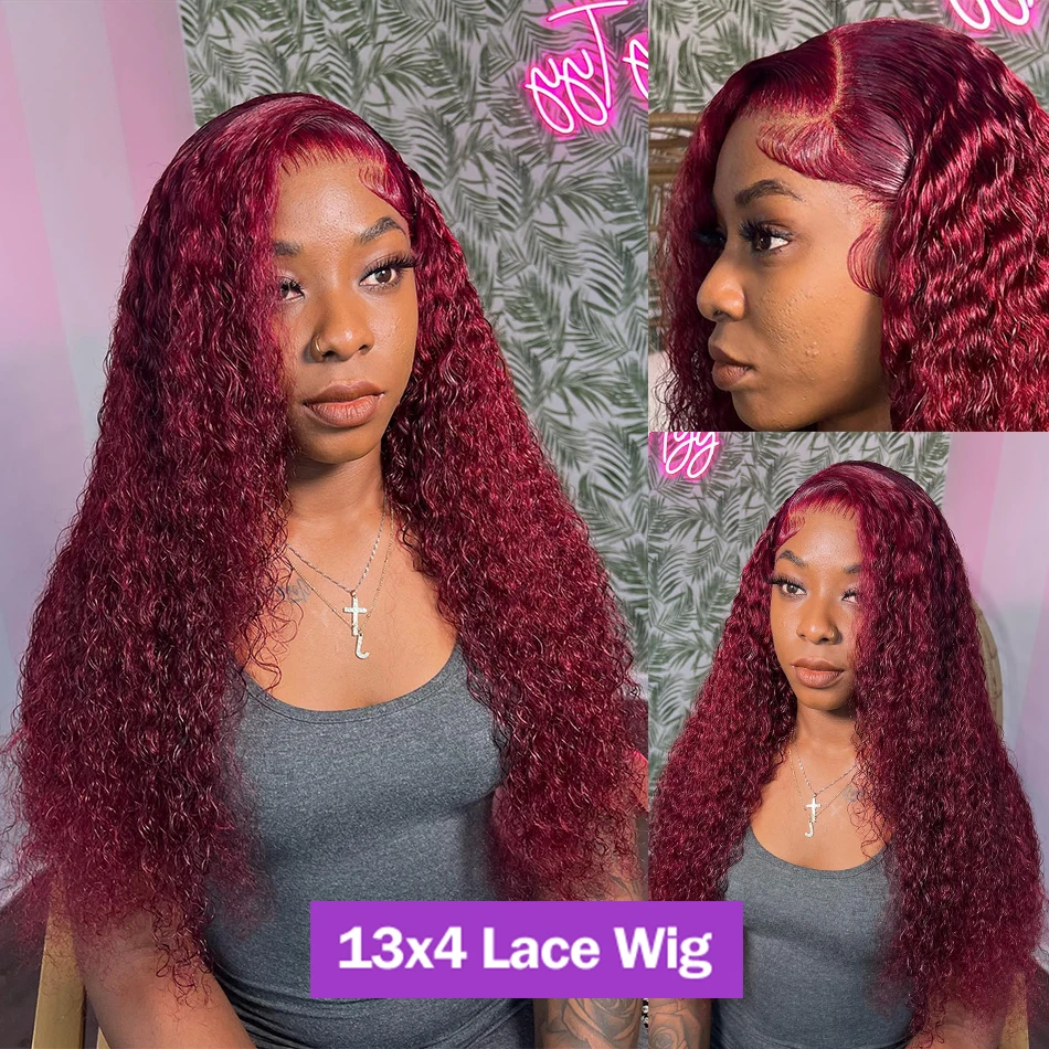 40 Inch 99j Burgundy 13x6 Hd Lace Frontal Human Hair Wig Red Colored Remy Wig 13x4 Transparent Lace Curly Deep Wave Frontal Wig 2