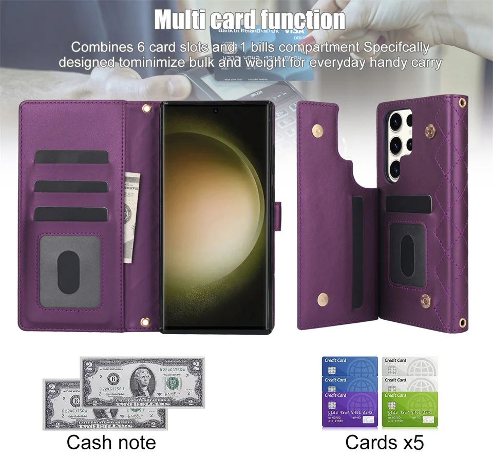 Long Lanyard Multi Cards Solt Wallet Flip Case For Samsung S24 Ultra S23 Plus S22 S21 FE A14 A54 A15 A55 Crossbody Strap Cover