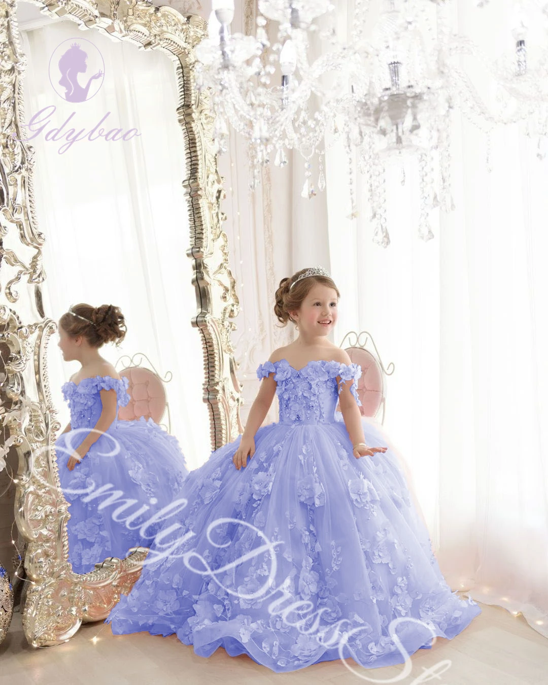 Customized Sky Blue Flower Girl Dress For Wedding Tulle Applqique Luxury Puffy Princess Kids Birthday First Communion Ball Gown 6